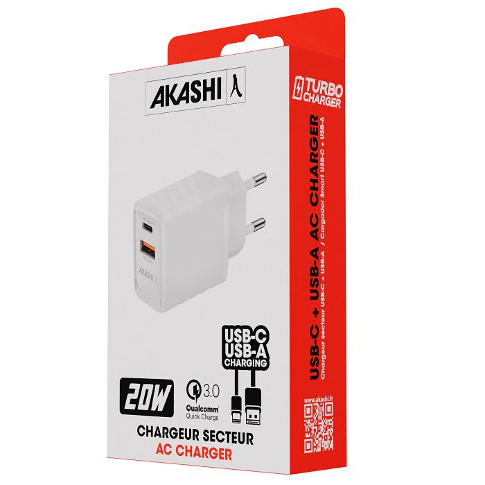  KAKUSHIN - PRISE SECTEUR GAN 20W USB TYPE-C PD + USB-A QC3.0 - BL