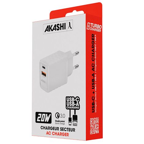  KAKUSHIN - PRISE SECTEUR GAN 20W USB TYPE-C PD + USB-A QC3.0 - BL