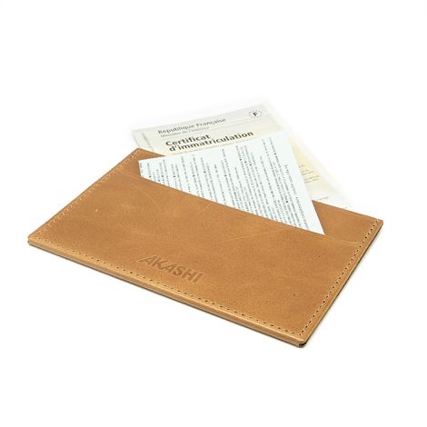  PORTE CARTE GRISE & DOCUMENTS EN CUIR VERITABLE MARRON CLAIR