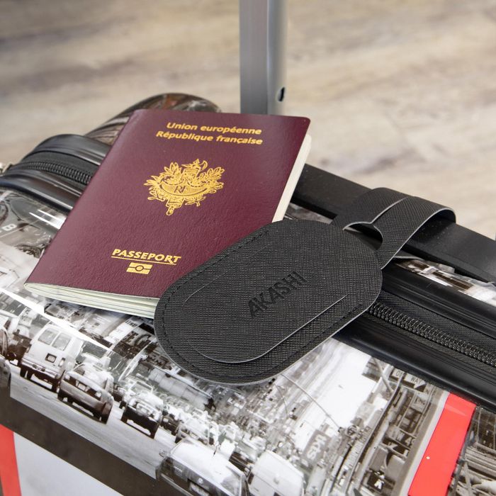  ETIQUETTE BAGAGE EN SIMILI-CUIR NOIR GRAINE