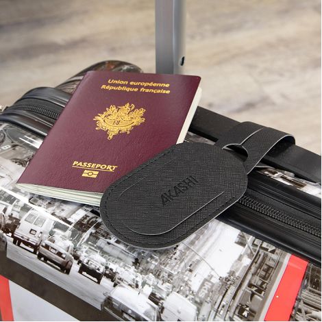  ETIQUETTE BAGAGE EN SIMILI-CUIR NOIR GRAINE