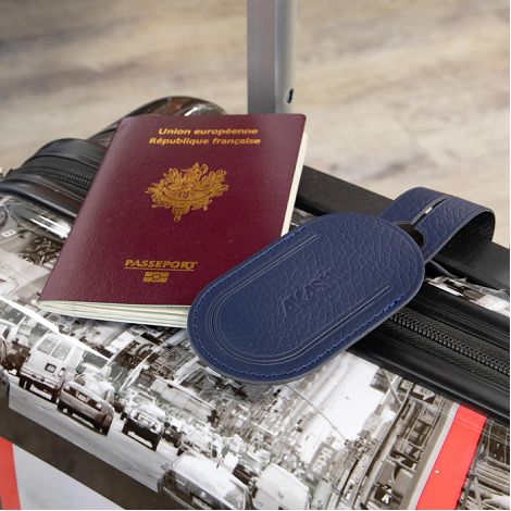  ETIQUETTE BAGAGE  CUIR RECYCLÉ BLEU MARINE