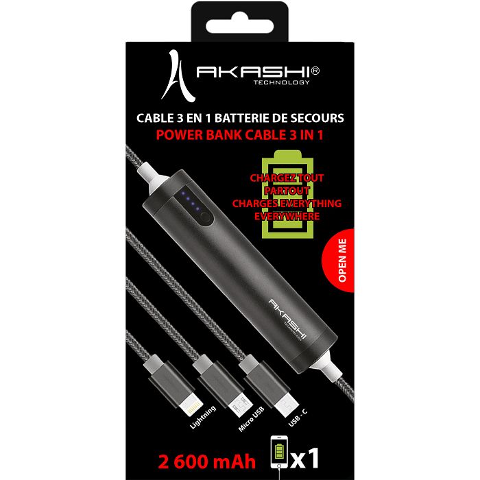  SAYO - CÂBLE USB 3 EN 1 AVEC FONCTION BATTERIE DE SECOURS 2600 mA