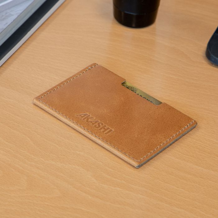  PORTE CARTE SIMPLE EN CUIR VERITABLE MARRON CLAIR