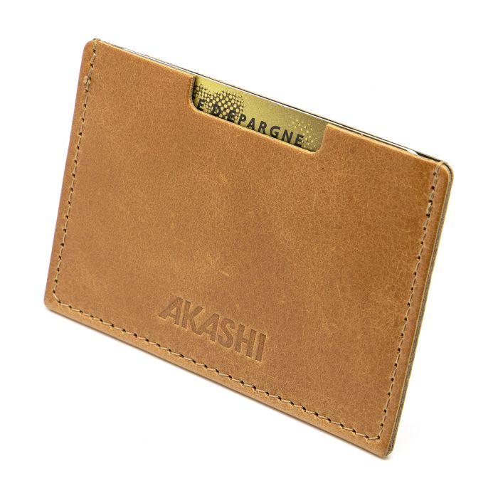  PORTE CARTE SIMPLE EN CUIR VERITABLE MARRON CLAIR