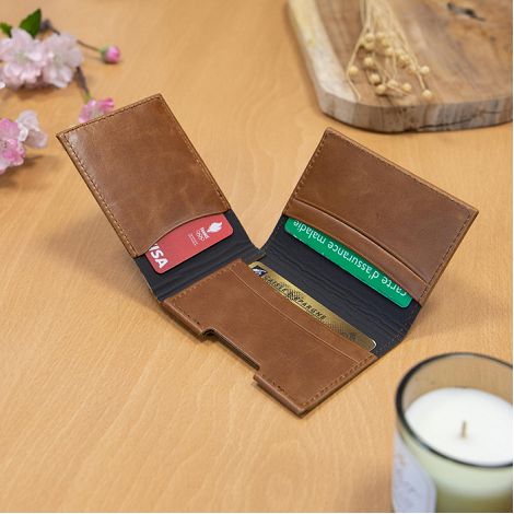  PORTE CARTE VOLET EN CUIR VERITABLE MARRON FONCE