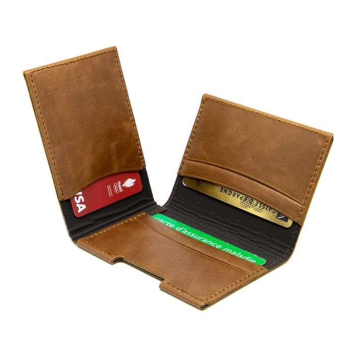  PORTE CARTE VOLET EN CUIR VERITABLE MARRON FONCE