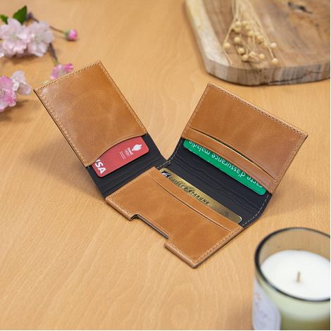  PORTE CARTE VOLET EN CUIR VERITABLE MARRON CLAIR