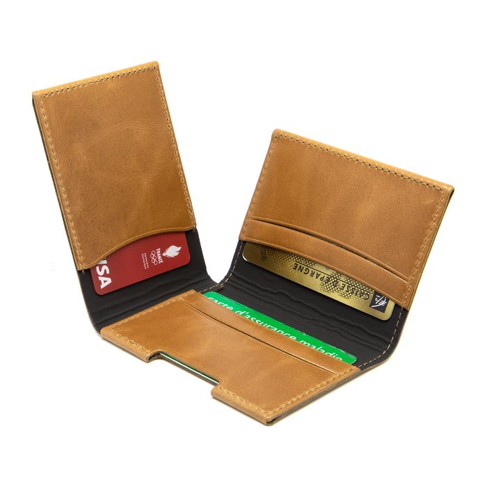  PORTE CARTE VOLET EN CUIR VERITABLE MARRON CLAIR