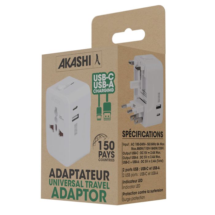  KOJIMA - ADAPTATEUR UNIVERSEL DE VOYAGE AVEC SORTIES USB-C ET USB