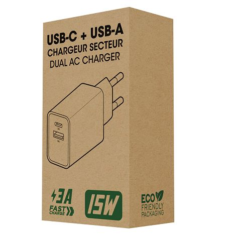  SUKO - CHARGEUR SECTEUR USB TYPE-C 15W + USB-A - BLANC