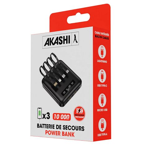  BATTERIE DE SECOURS AVEC 4 CABLES - 10 000 MAH NOIRE