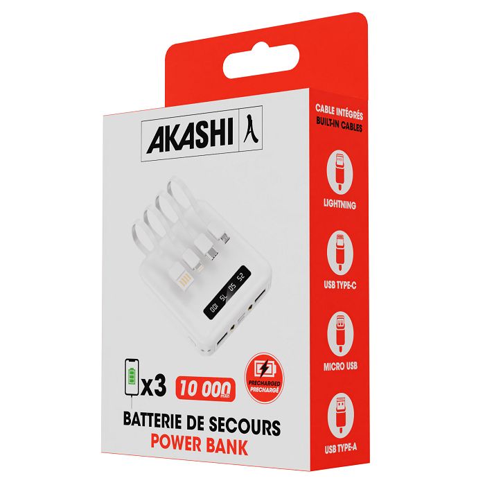  BATTERIE DE SECOURS AVEC 4 CABLES - 10 000 MAH BLANC
