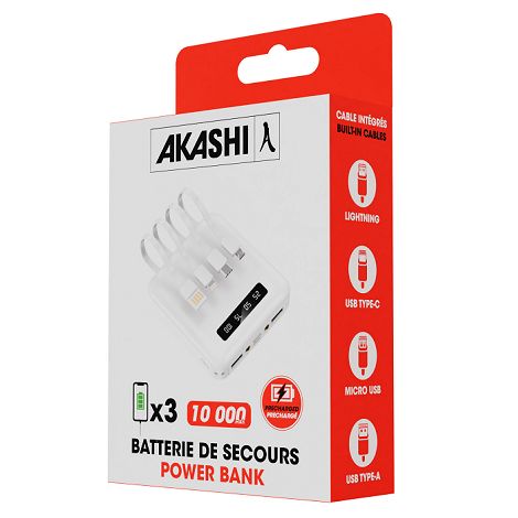  BATTERIE DE SECOURS AVEC 4 CABLES - 10 000 MAH BLANC
