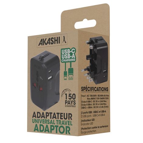  KOJIMA - ADAPTATEUR UNIVERSEL DE VOYAGE AVEC SORTIES USB-C ET USB