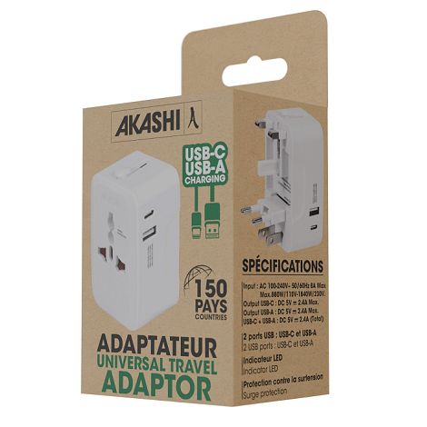  KOJIMA - ADAPTATEUR UNIVERSEL DE VOYAGE AVEC SORTIES USB-C ET USB