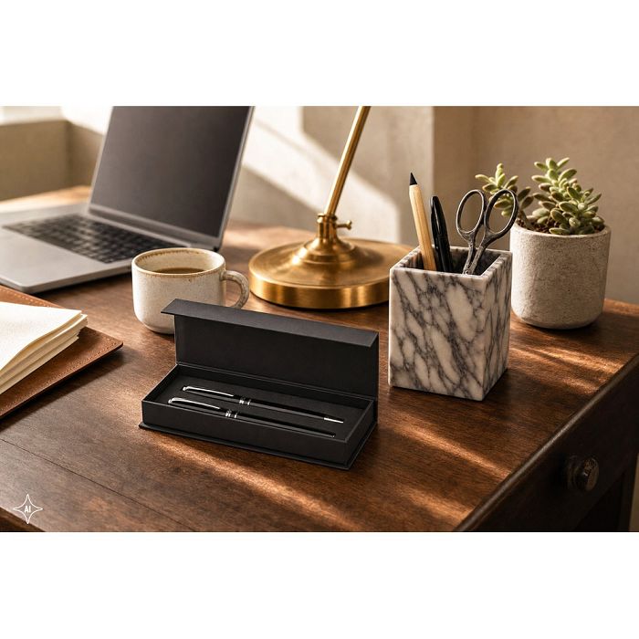  Coffret haut de gamme comprenant 1 stylo à bille et 1 stylo roller en cuivre et acier
