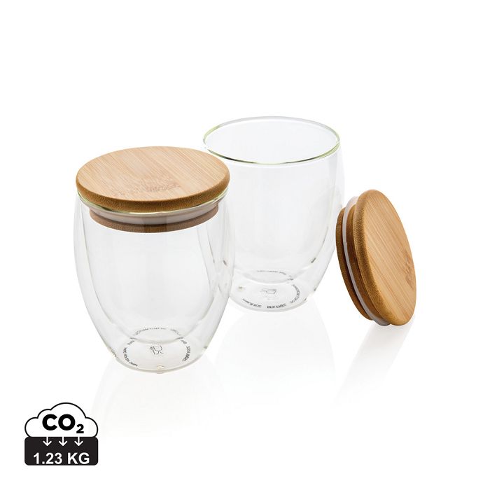  Set de 2 verres double paroi 250ml avec couvercle en bambou