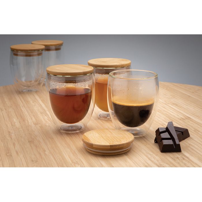  Set de 2 verres double paroi 250ml avec couvercle en bambou