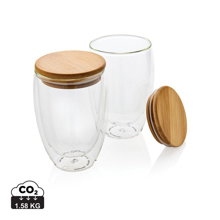  Set de 2 Verres double paroi 350ml avec couvercle en bambou