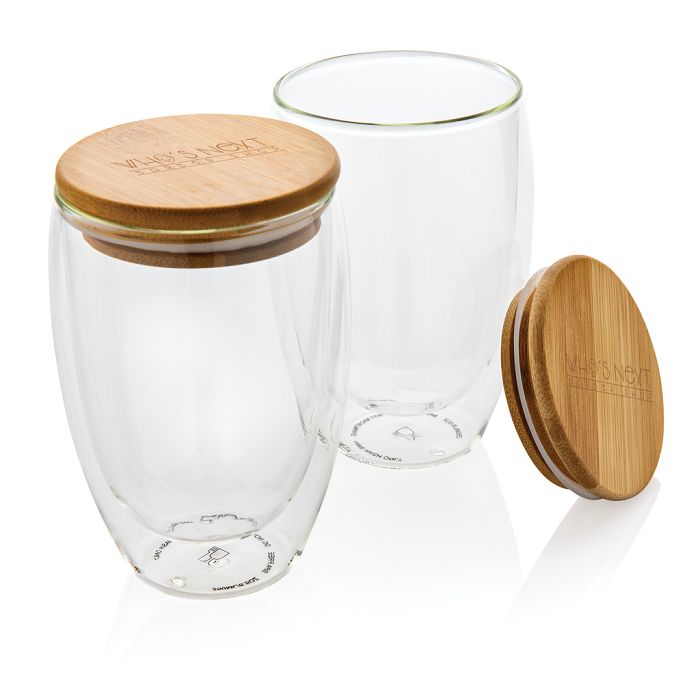  Set de 2 Verres double paroi 350ml avec couvercle en bambou