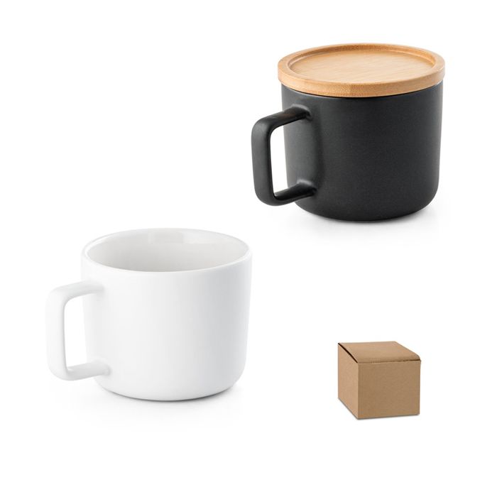  Tasse en céramique 250 ml avec couvercle et base en bambou