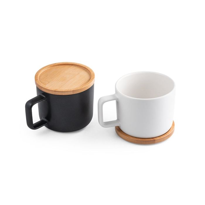  Tasse en céramique 250 ml avec couvercle et base en bambou