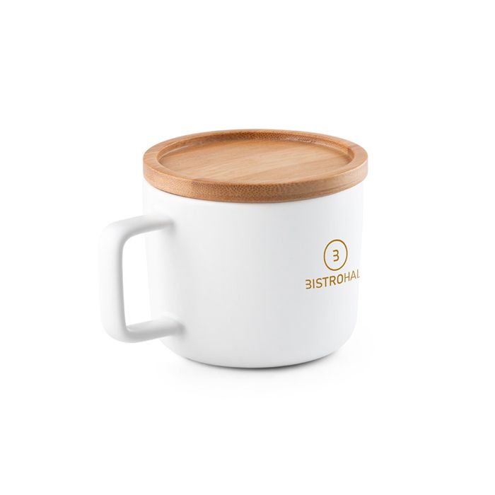  Tasse en céramique 250 ml avec couvercle et base en bambou