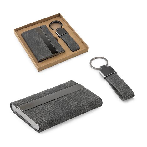 Set composé d'un porte-cartes et d'un porte-clés, tous deux en mé