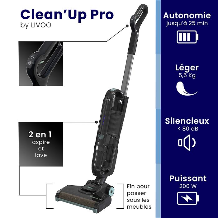  CLEAN'UP PRO Aspirateur balai laveur sans fil - Gris
